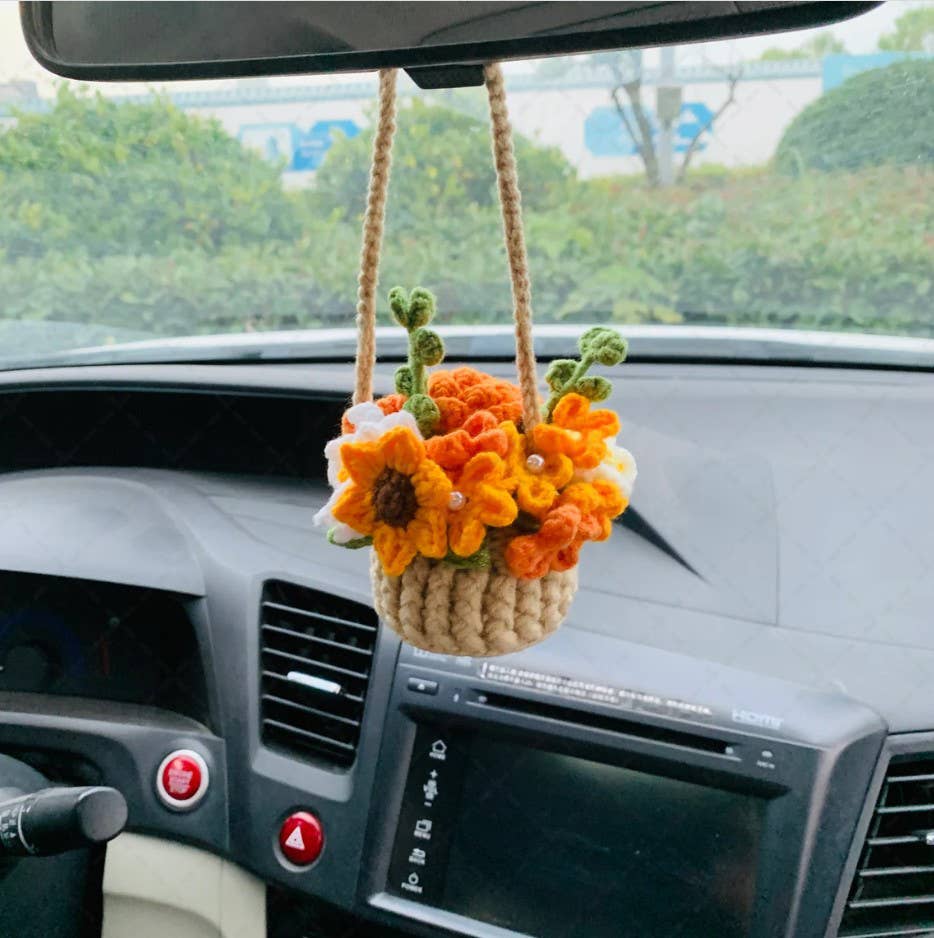 Cute Crochet Flower Basket Car Mirror Hanging Ornament Decor