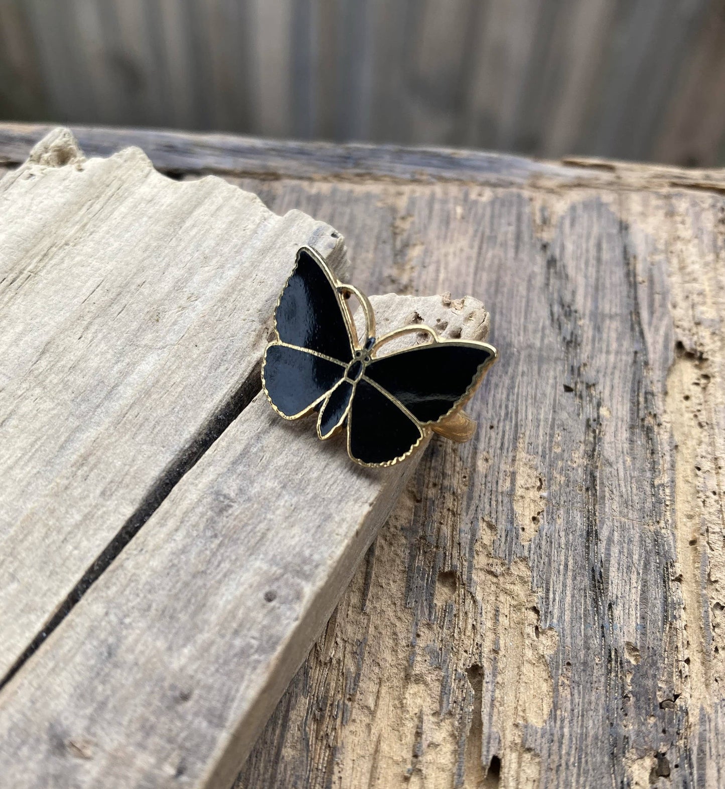 Adjustable Gold Plate & Jet Black Enamel Butterfly Ring