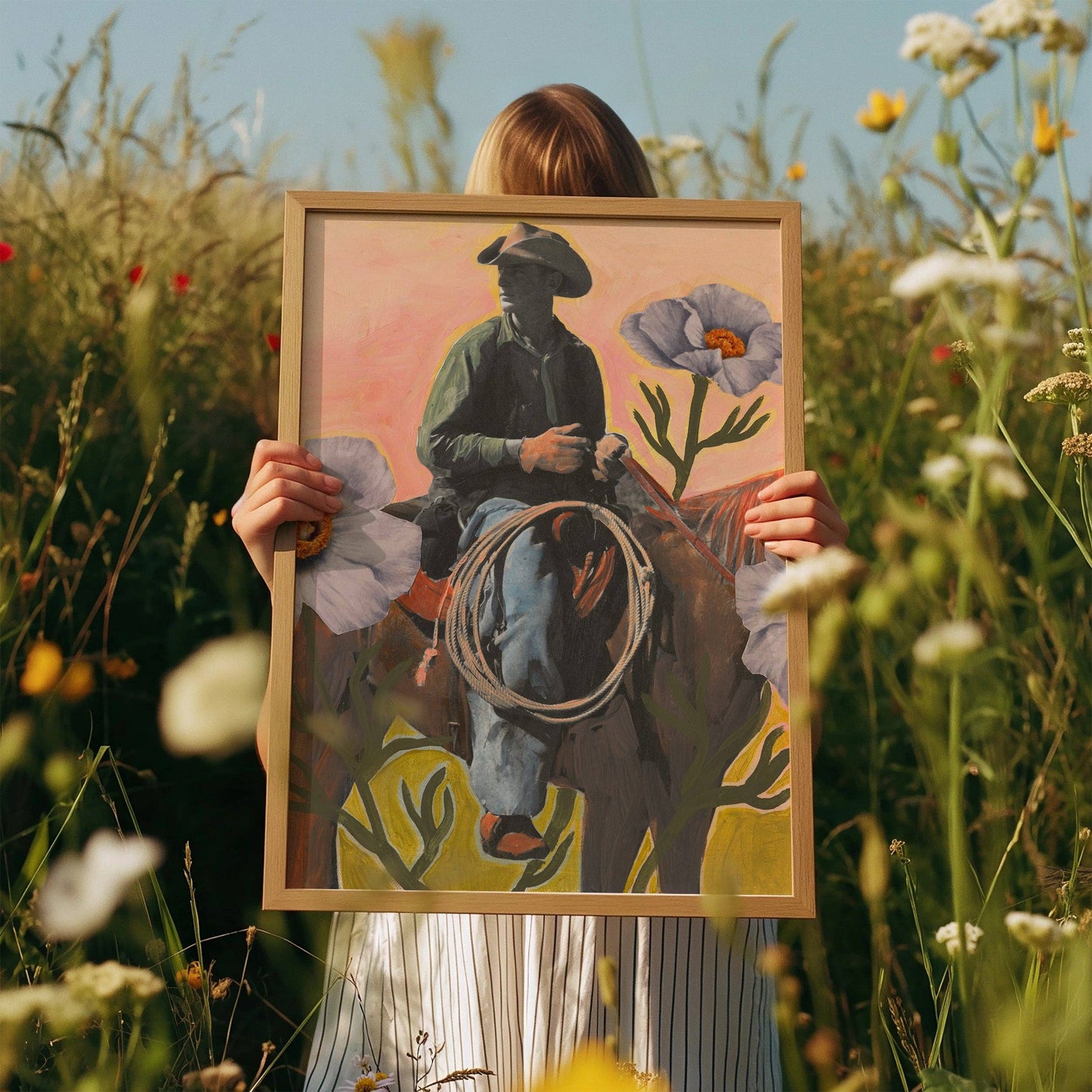 Retro Rodeo Cowboy Poppy Collage Print