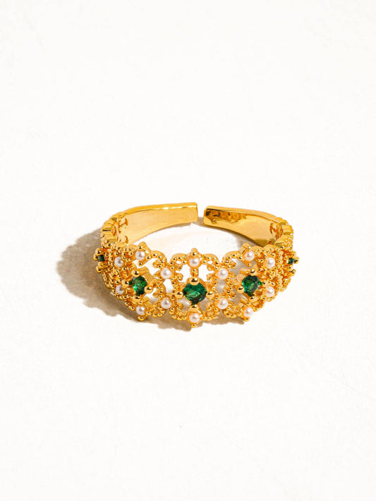 Keira 18K Gold Vintage Gemstone & Pearl Adjustable Ring