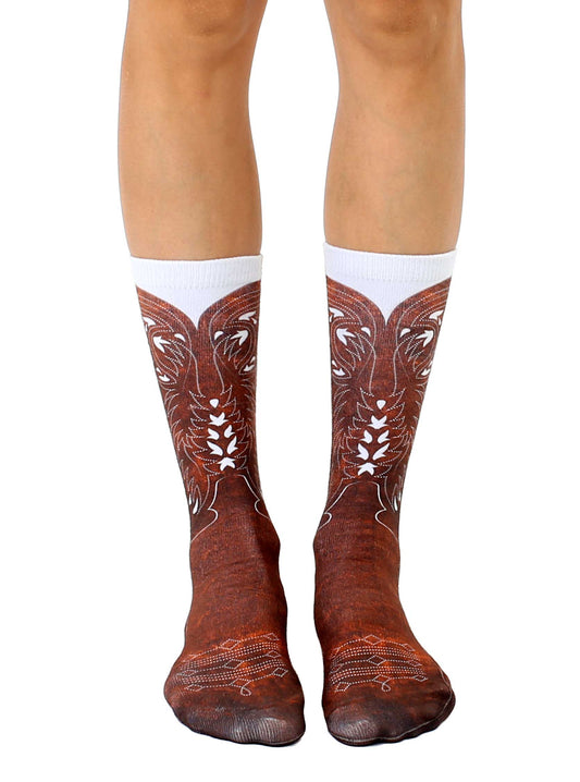 Novelty Graphic Crew Socks - Faux Cowboy Boots - Brown
