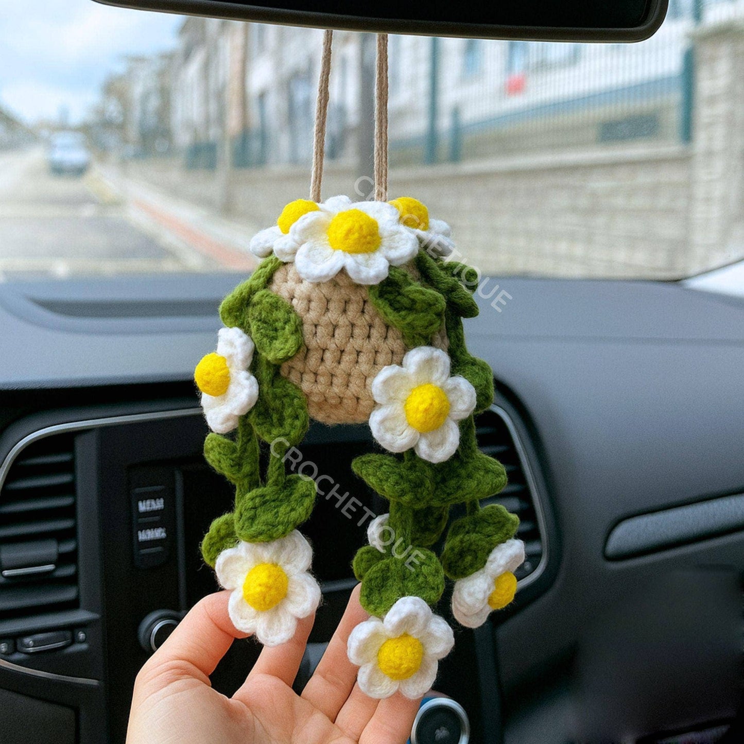 Crochet Daisy Flower Car Hanging, Plant Pot Rearview Mirror