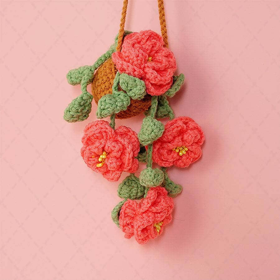 Crochet Peony Flower Plant Basket Car Mirror Hanging Pendant