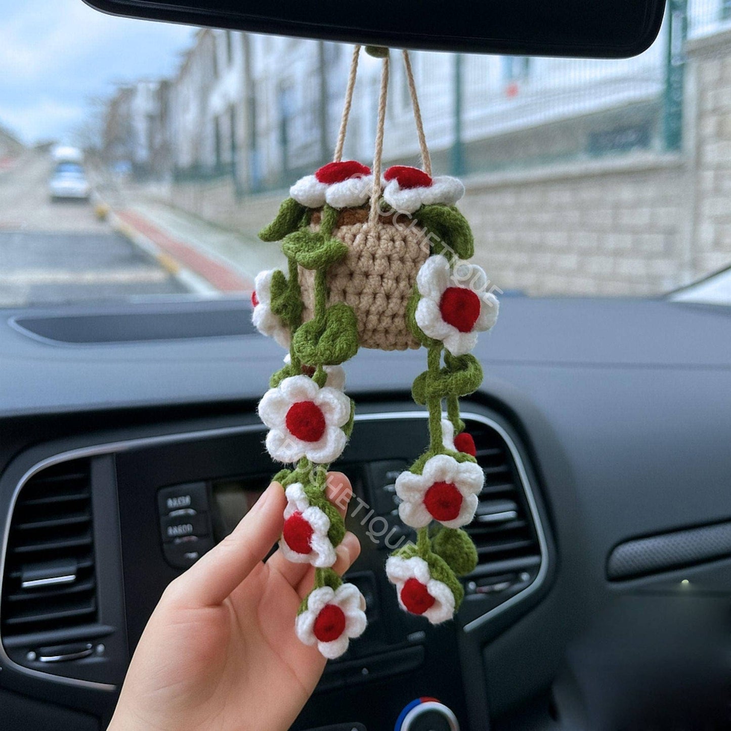 Crochet Daisy Flower Car Hanging, Plant Pot Rearview Mirror