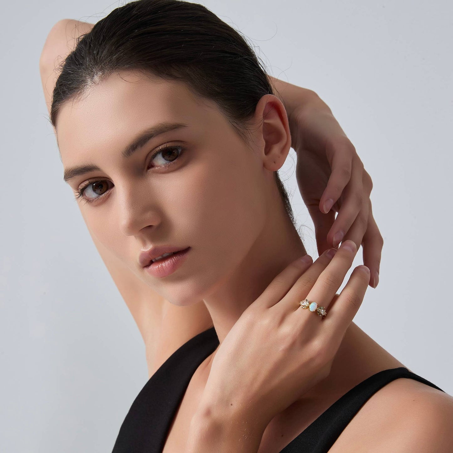 Oval Opal Olive Leaf Stacking Ring in 925 Sterling Silver