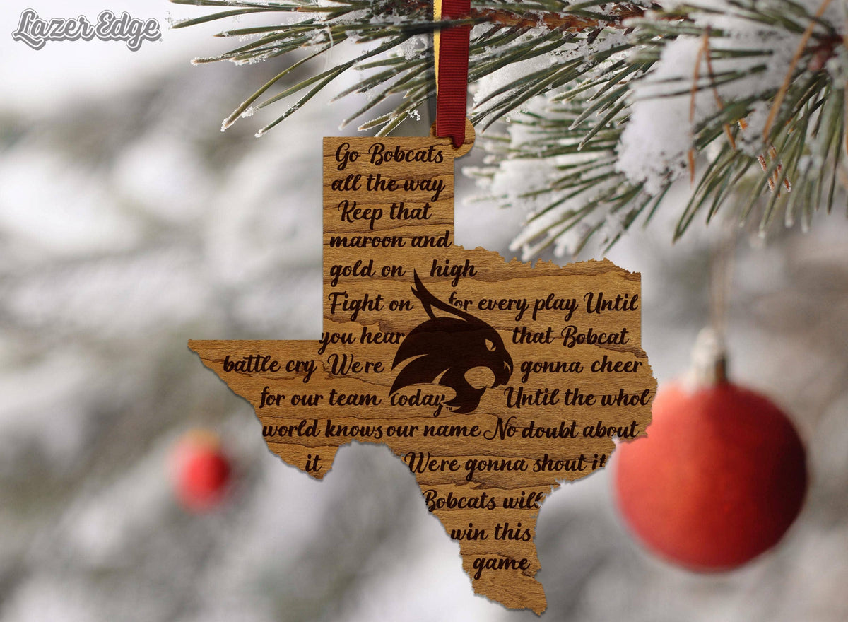 Texas State University Fight Song Ornament – Crafted from Cherry and Maple Wood – Texas State Bobcats