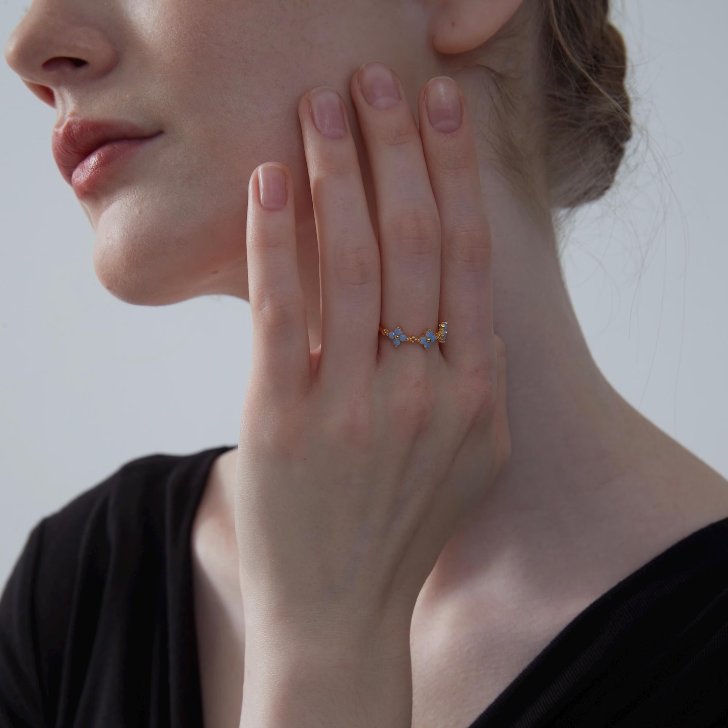 Dainty Gold Blue Flower Stacking Ring in 925 Sterling Silver