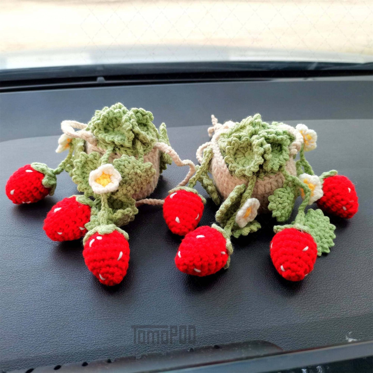 Crochet Strawberry Plant Car Mirror Hanging, Women Car Decor