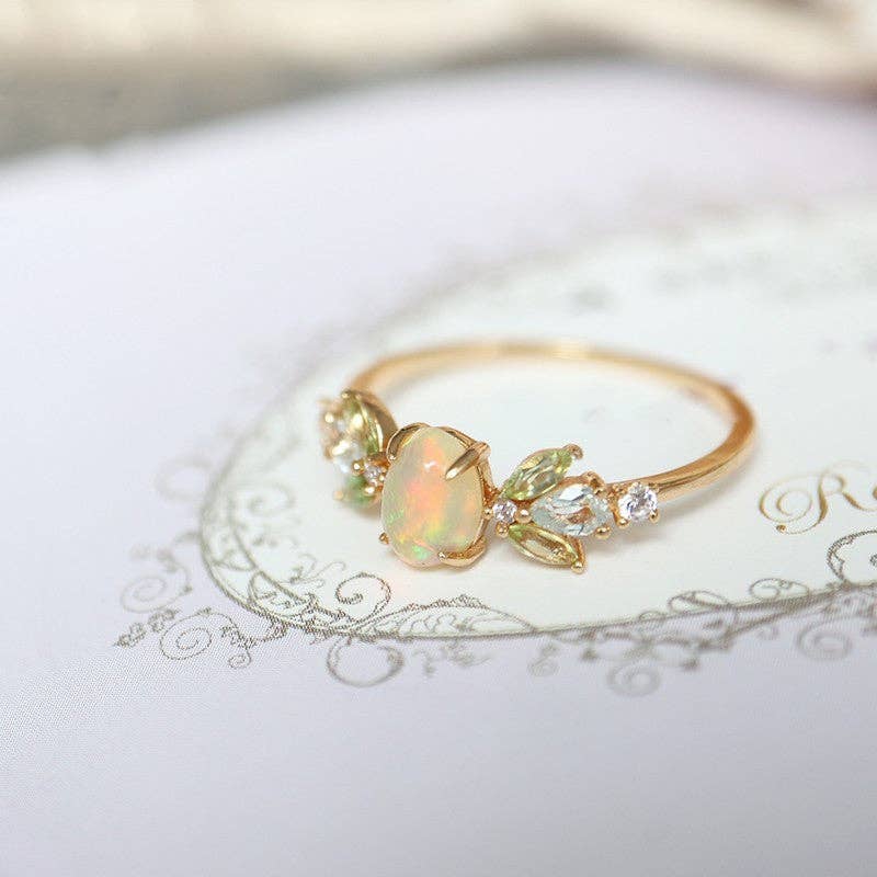 Dainty Gold Opal Leaf Stacking Band Ring in Solid Copper