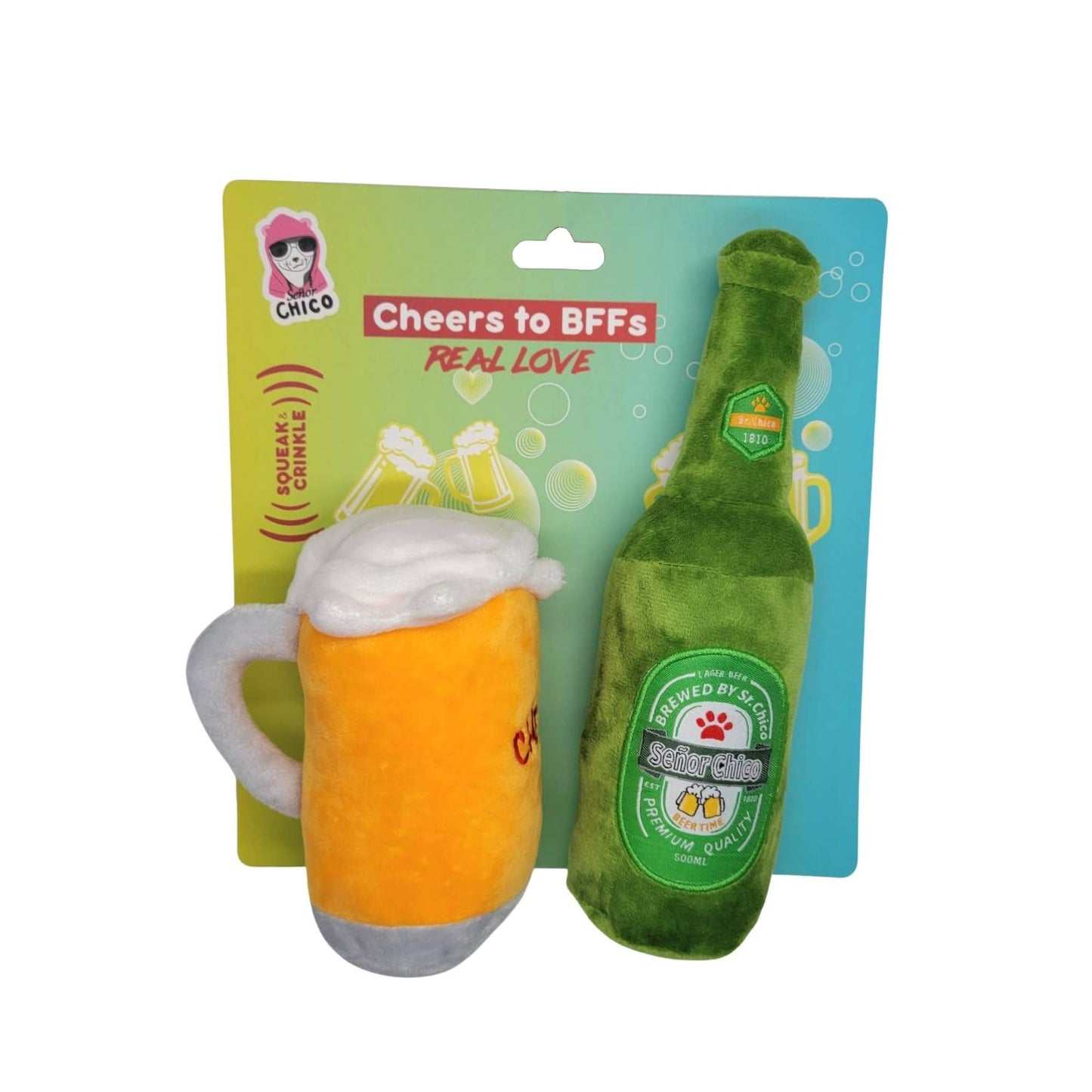 Beers and Cheers Dog Plush Toy Gift Set- 2 piece set