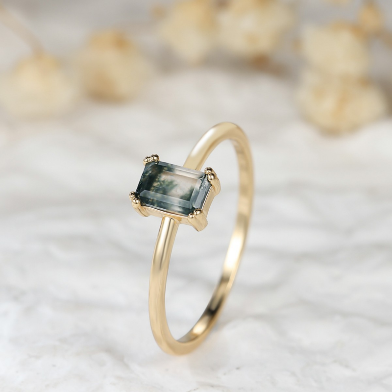 Gold Emerald Cut Moss Agate Cocktail Ring in Solid Copper
