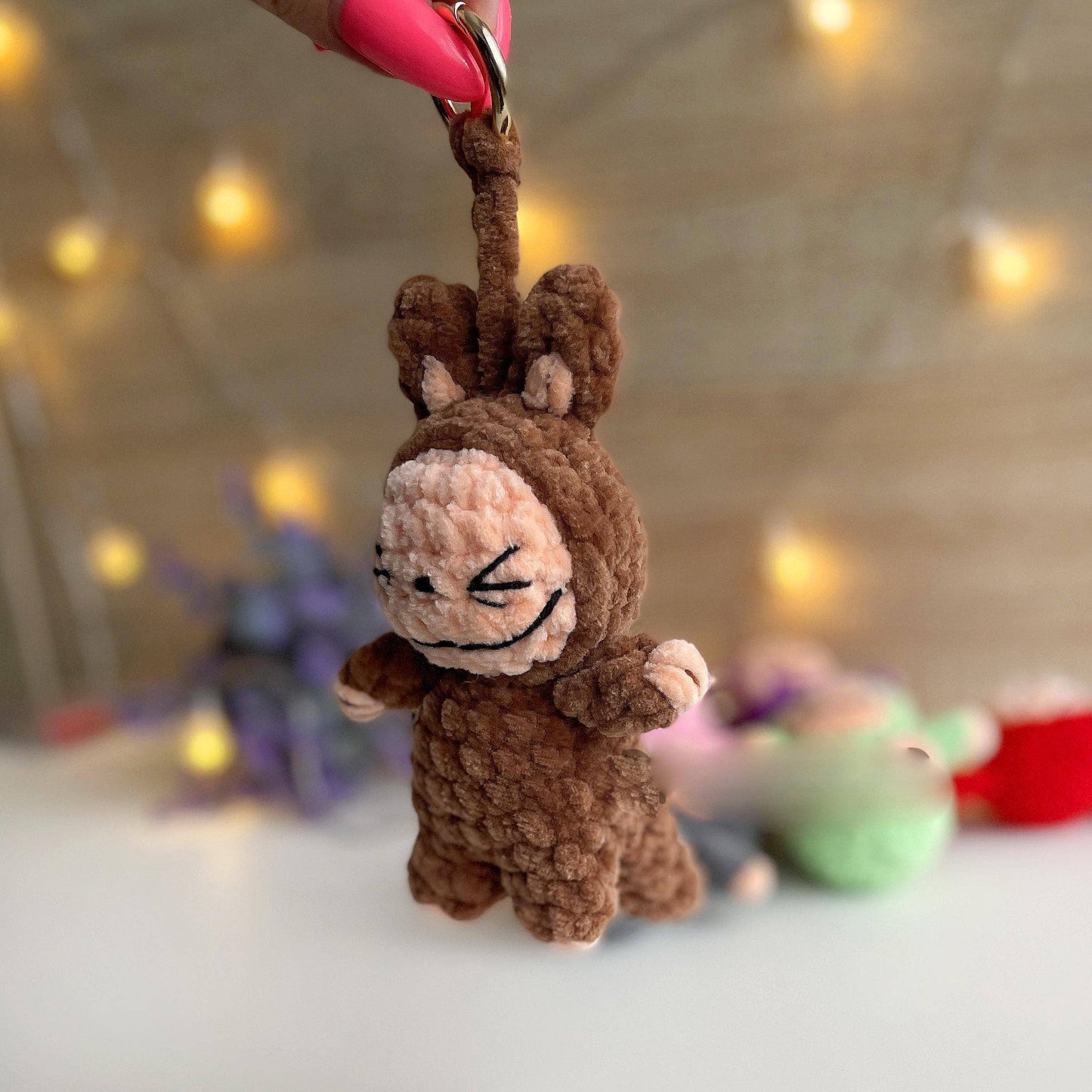 Smiling Bunny Keychain Crochet, Handmade Labubu Decor, Gift