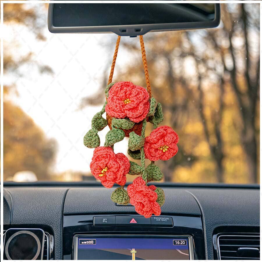 Crochet Peony Flower Plant Basket Car Mirror Hanging Pendant