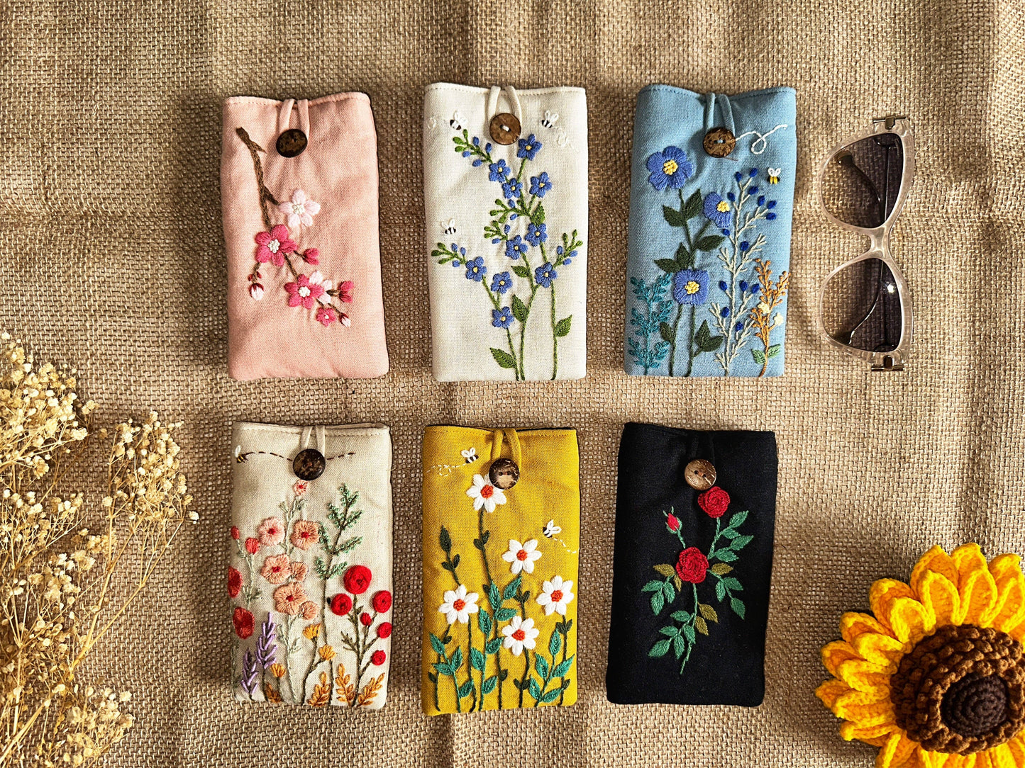 Flower Embroidered Soft Linen Padded Glasses Case✅