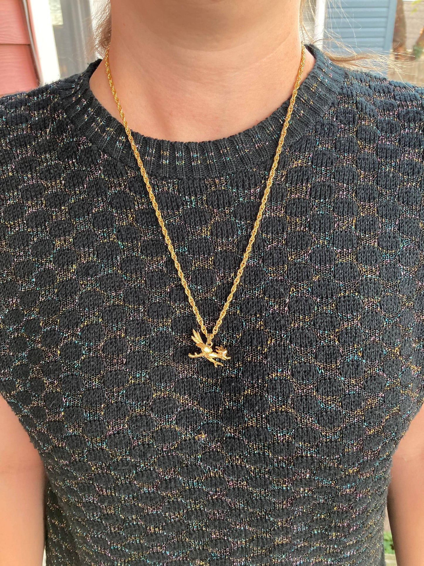 Gold Plate & Rhinestone Roadrunner Charm Pendant Necklace