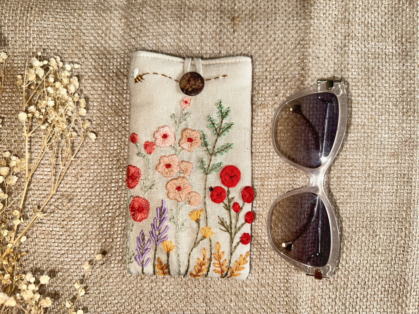 Flower Embroidered Soft Linen Padded Glasses Case✅