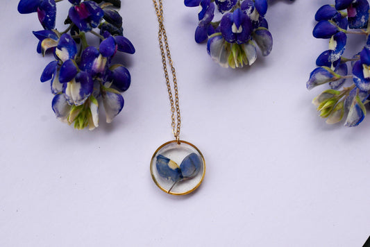 Pressed Texas Bluebonnet circle necklace