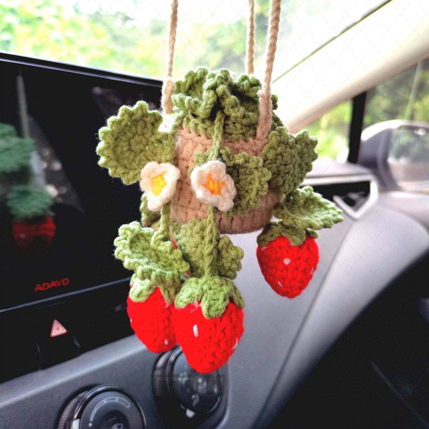 Crochet Strawberry Plant Car Mirror Hanging, Women Car Decor