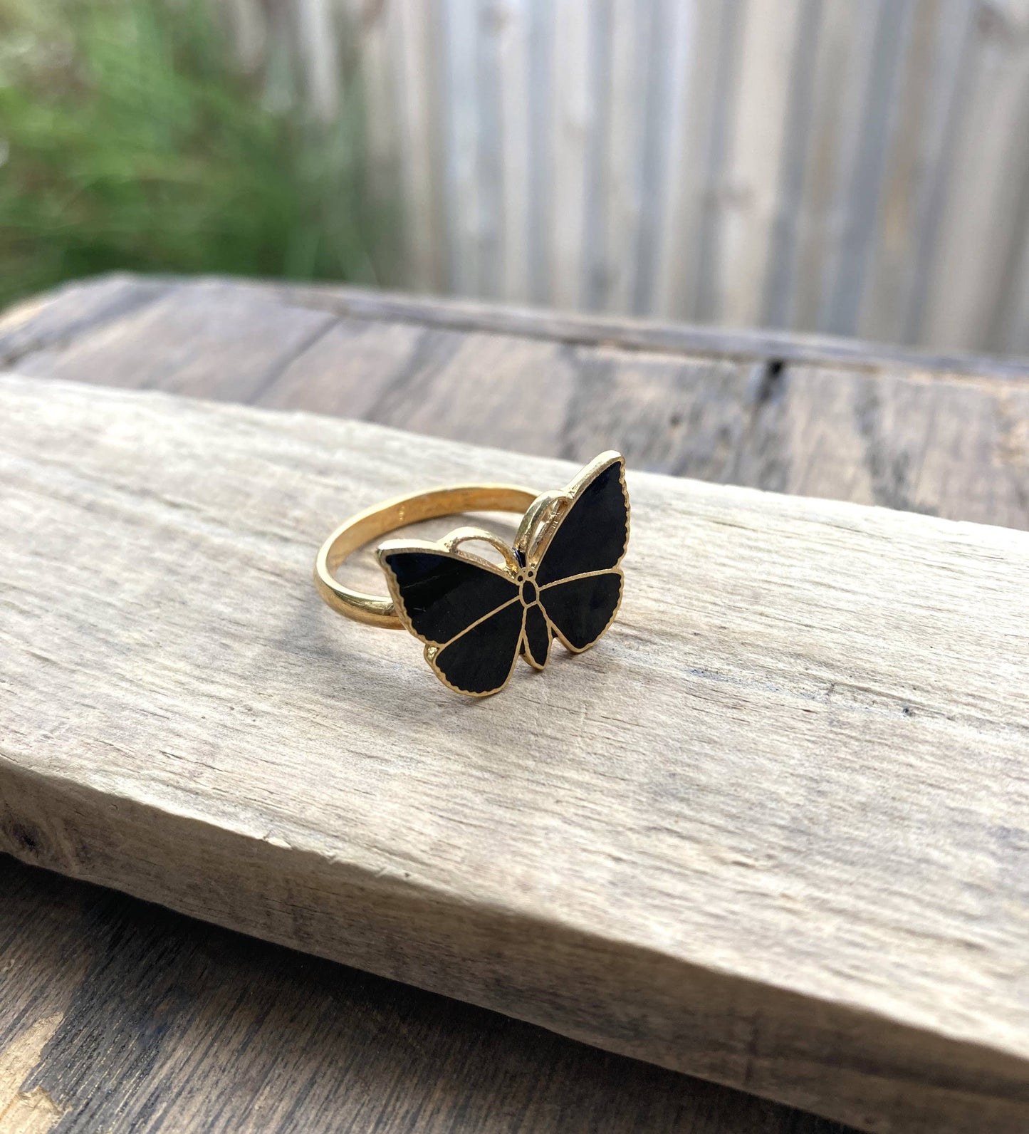 Adjustable Gold Plate & Jet Black Enamel Butterfly Ring