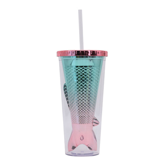 SALE Pink Multi Mermaid Tail Plastic Tumbler Cup With Straw