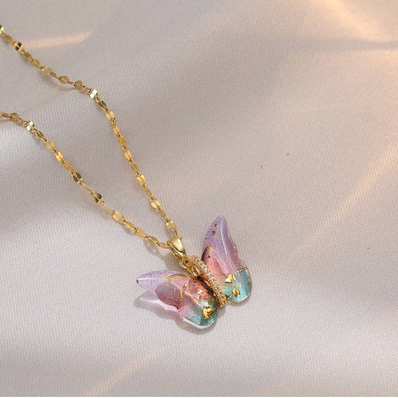 Colorful Butterfly Pendant Necklace in Stainless Steel