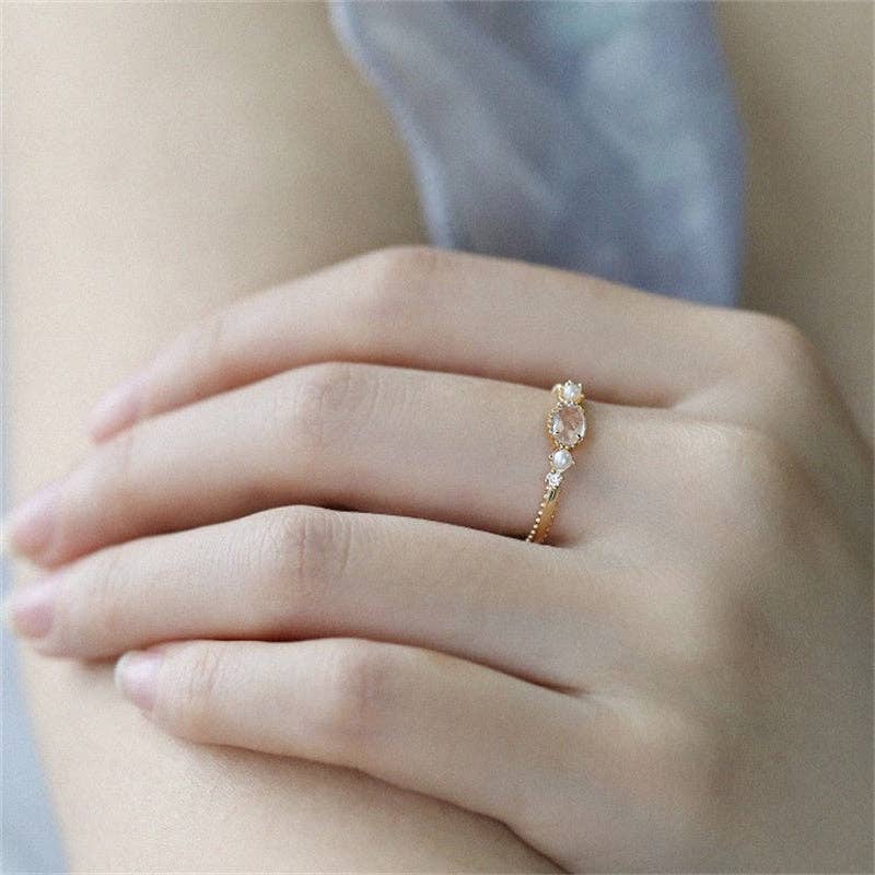 Dainty Gold Crystal Pearl Stacking Band Ring in Solid Copper