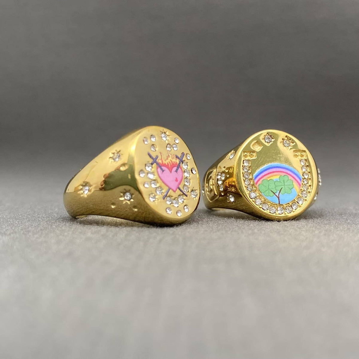Whimsical Zircon Inlaid Enamel Ring - 18K Gold Plated Stainless Steel
