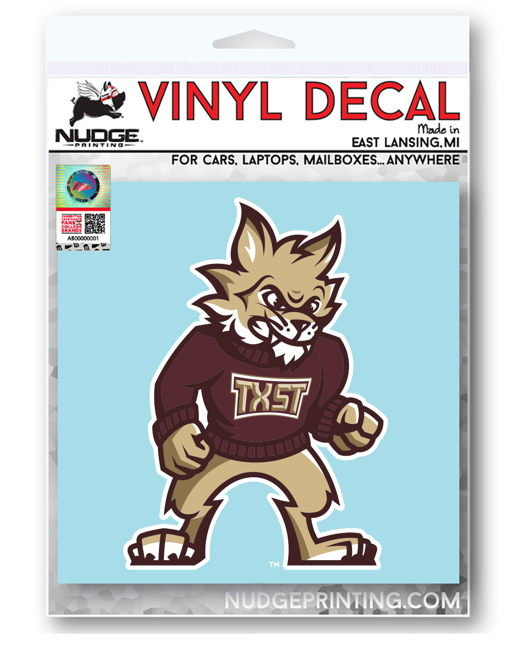 Texas State University Boko the Bobcat Mascot Car Decal