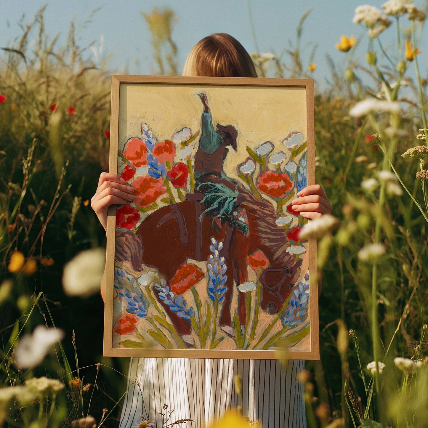 Bucking Bronco Cowboy Wildflowers Wall Art Print