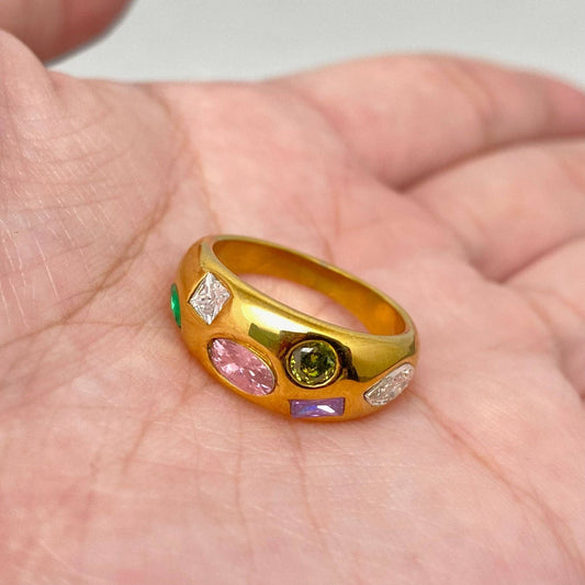 Colorful Zircon 18K Gold Plated Stainless Steel Ring
