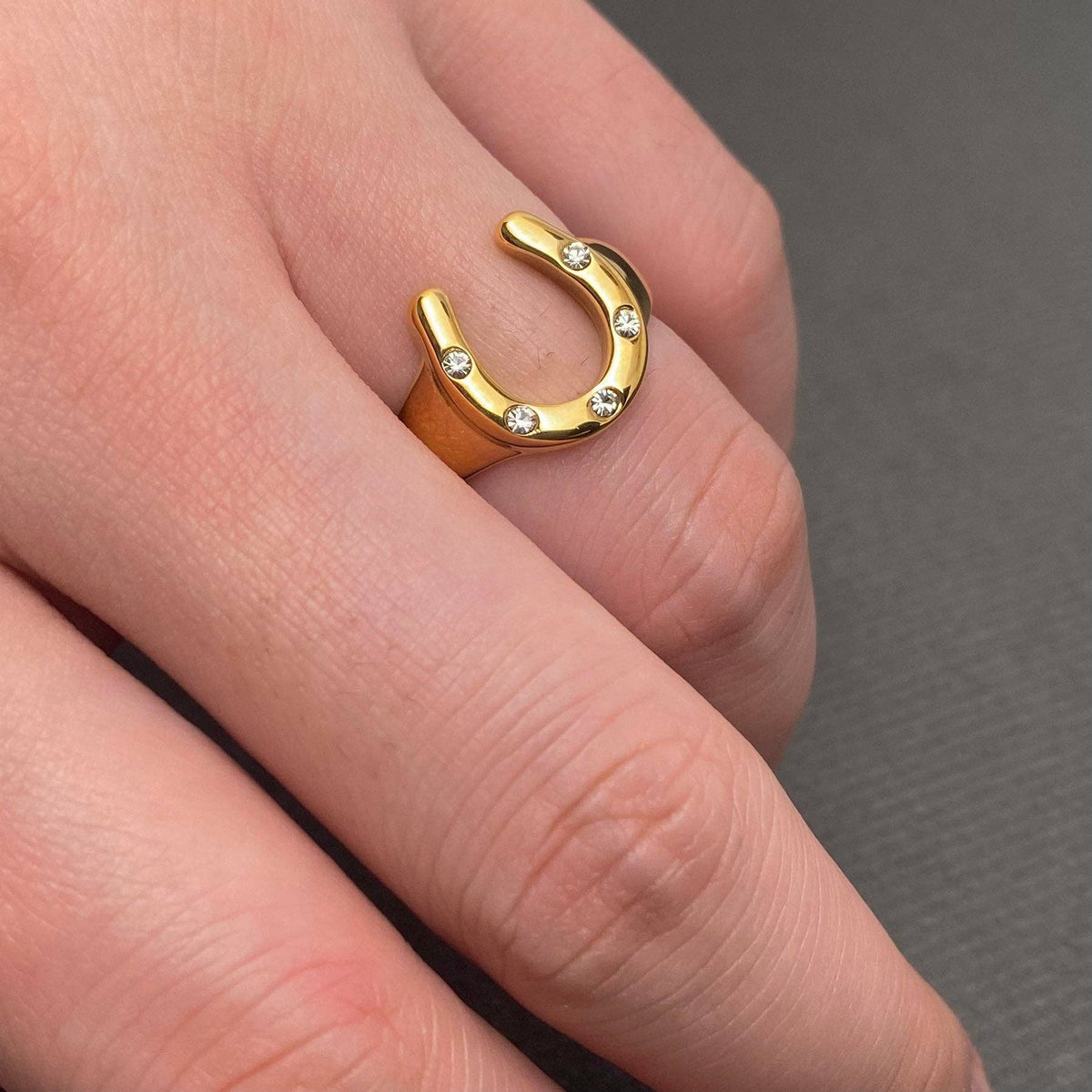Inlaid Zircon Horseshoe 18K Gold Plated Ring
