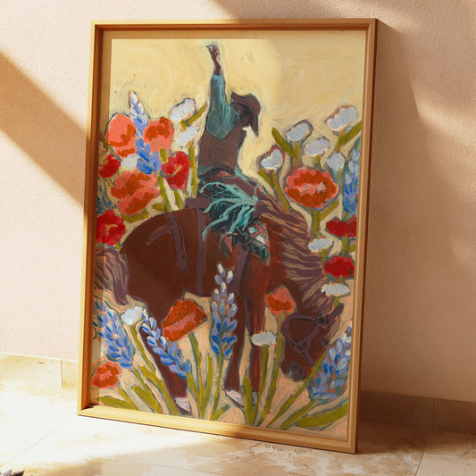 Bucking Bronco Cowboy Wildflowers Wall Art Print