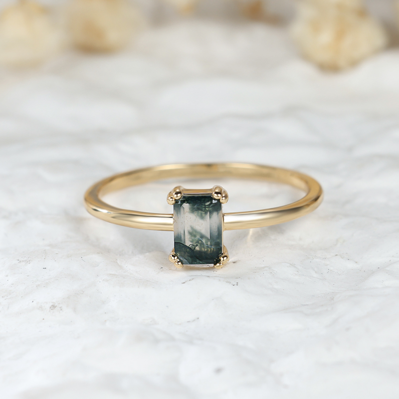 Gold Emerald Cut Moss Agate Cocktail Ring in Solid Copper