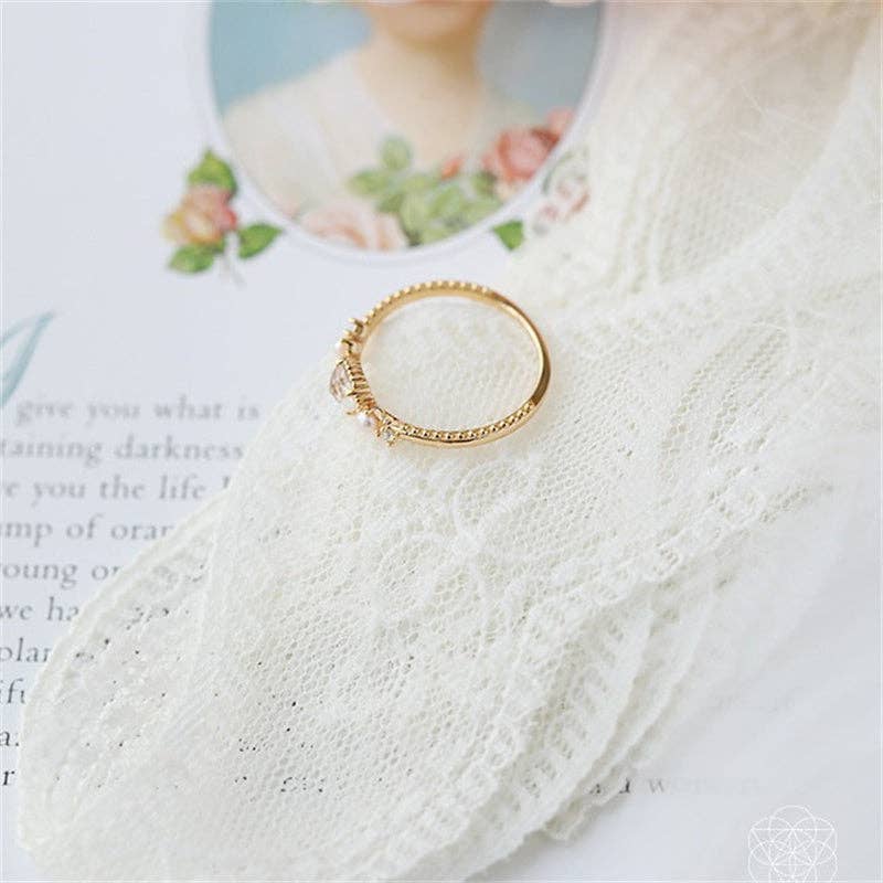 Dainty Gold Crystal Pearl Stacking Band Ring in Solid Copper