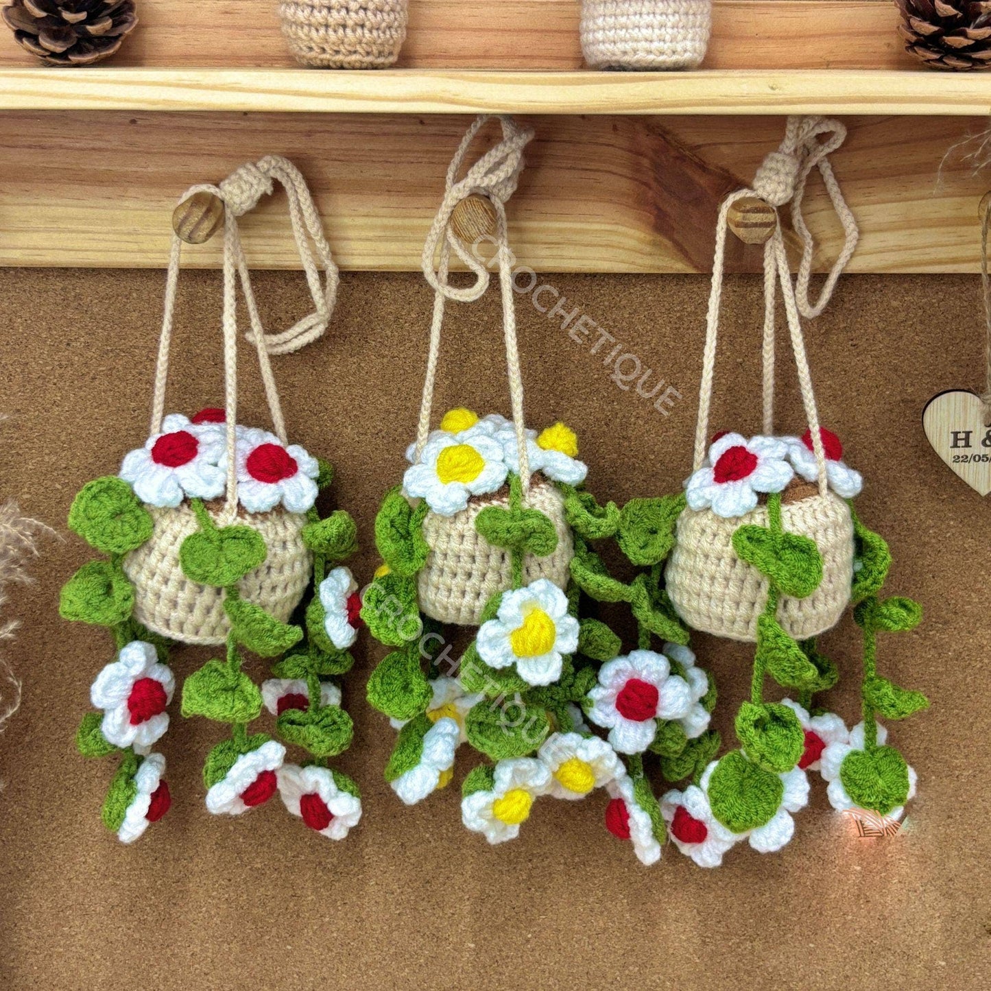 Crochet Daisy Flower Car Hanging, Plant Pot Rearview Mirror