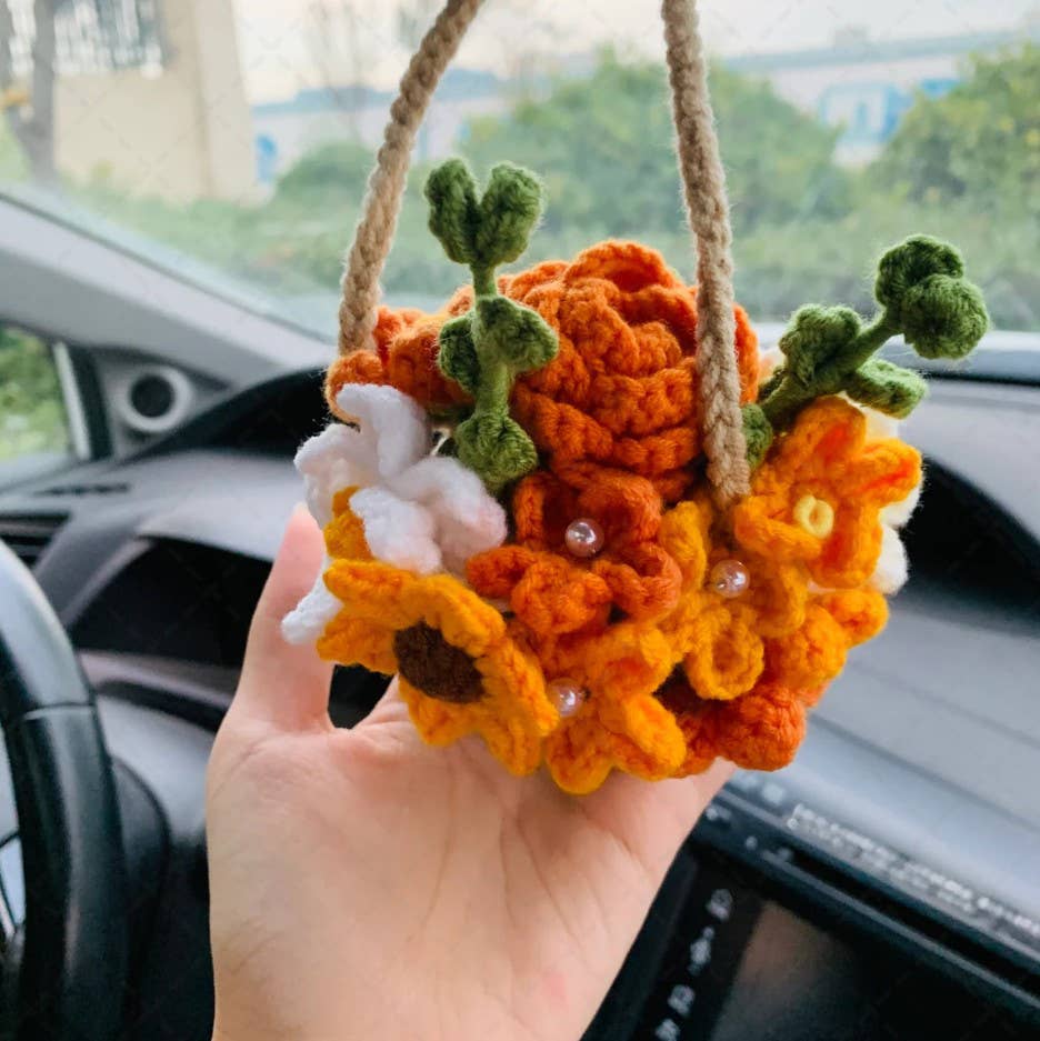 Cute Crochet Flower Basket Car Mirror Hanging Ornament Decor