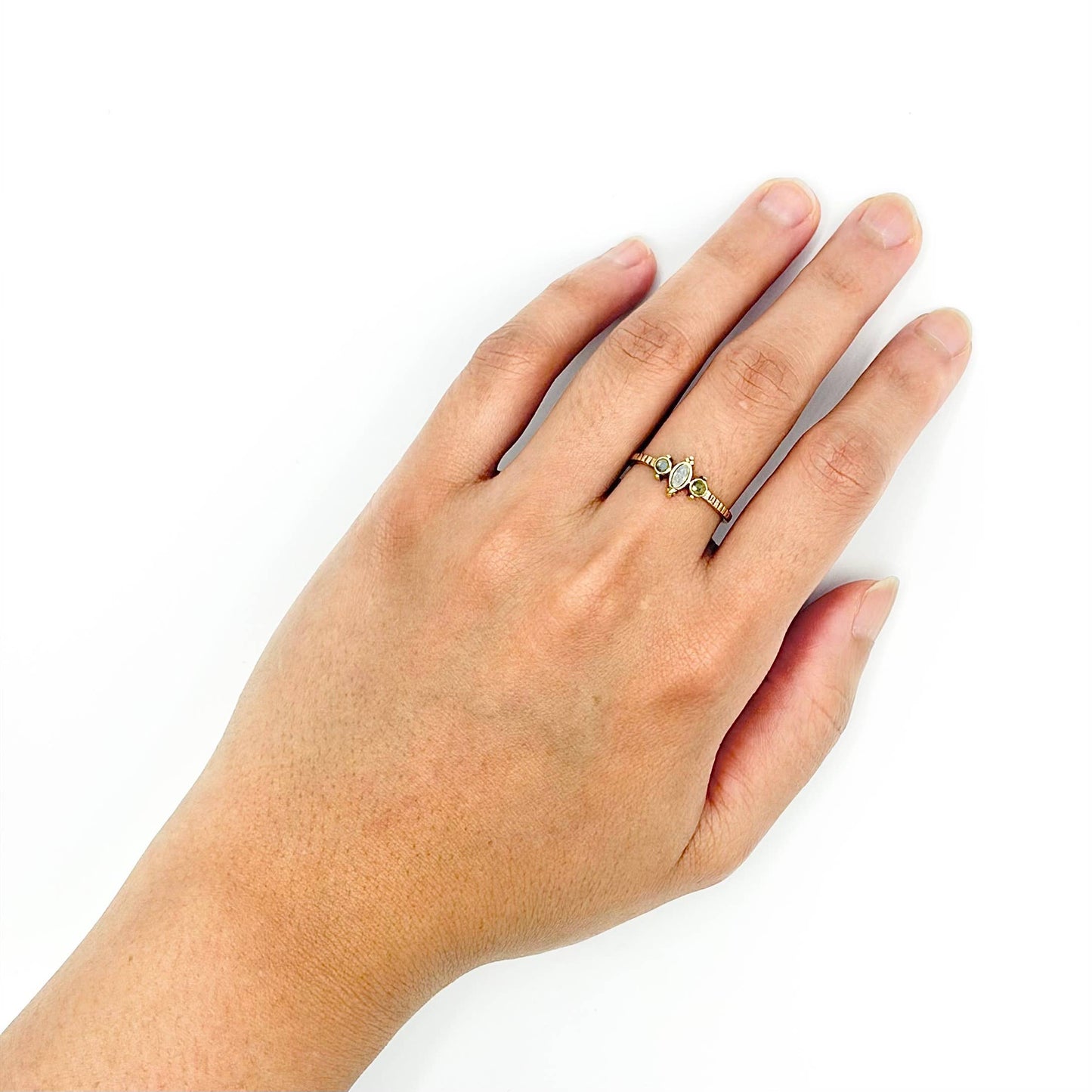 Brass Dainty Triple Moonstone Ring