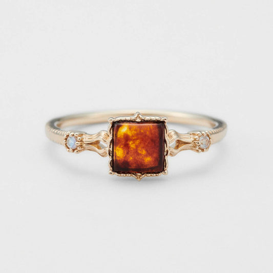 Vintage Gold Square Amber Statement Ring in Solid Copper