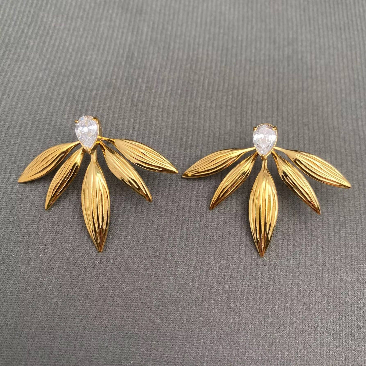 Zircon Leaf Gold Statement Earrings