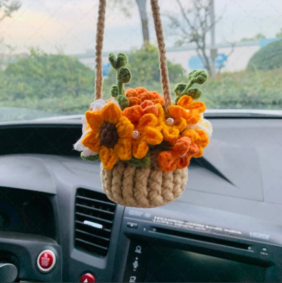 Cute Crochet Flower Basket Car Mirror Hanging Ornament Decor