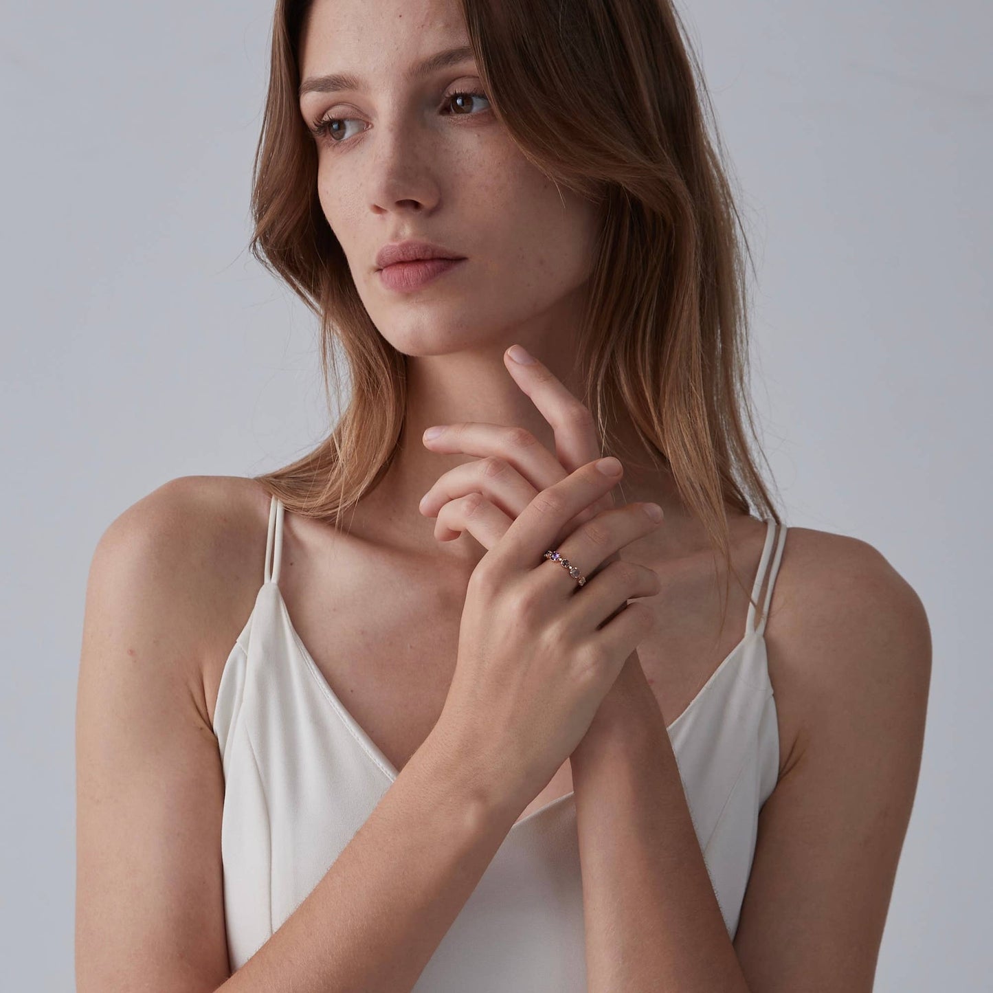 Multi-Stone Natural Crystal Band Ring in 925 Sterling Silver