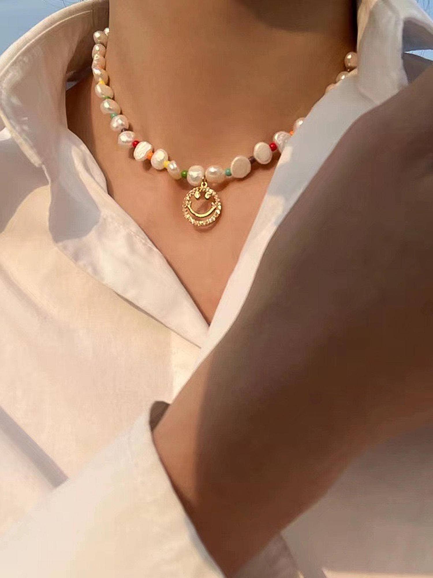 Willa Colorful Emoji Necklace Beaded Pearl Necklace – The