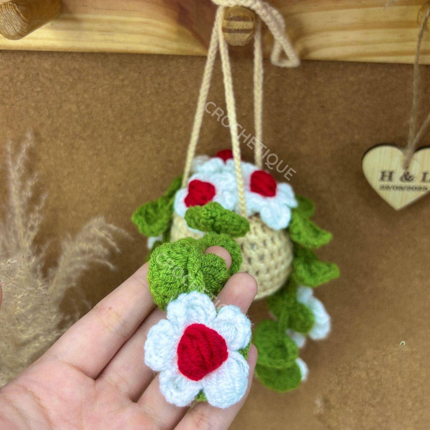 Crochet Daisy Flower Car Hanging, Plant Pot Rearview Mirror