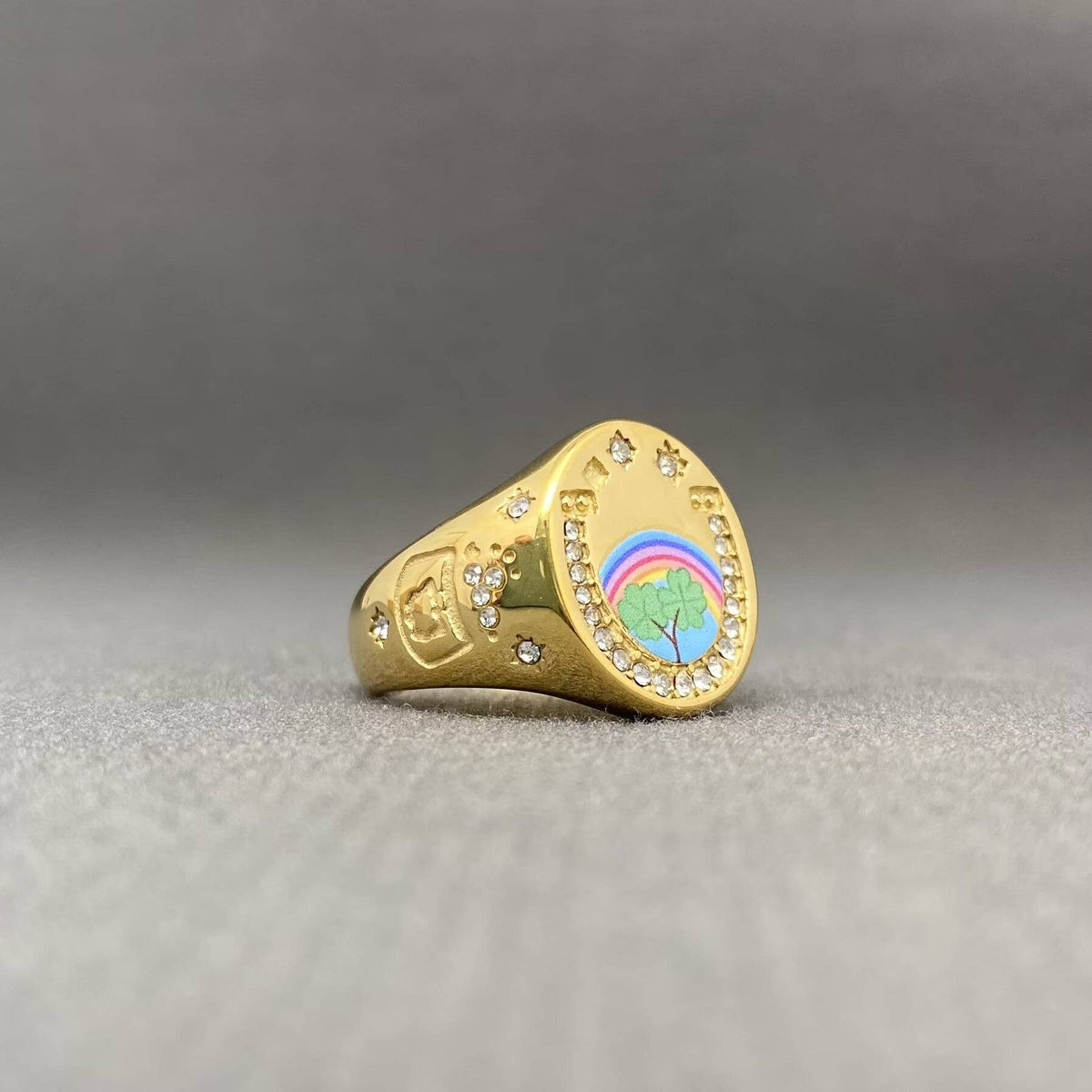 Whimsical Zircon Inlaid Enamel Ring - 18K Gold Plated Stainless Steel