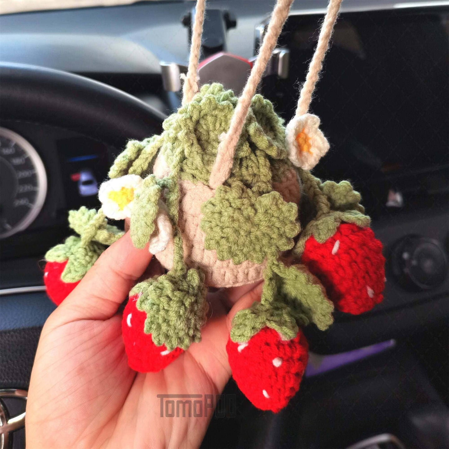 Crochet Strawberry Plant Car Mirror Hanging, Women Car Decor
