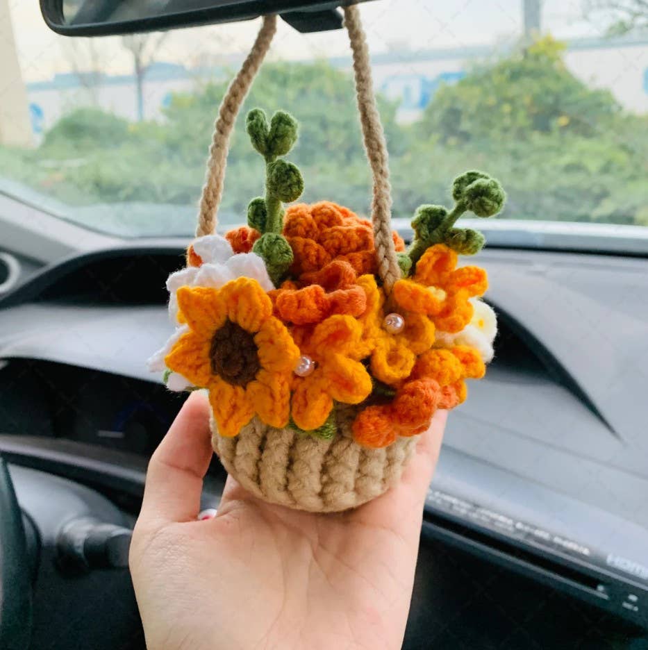Cute Crochet Flower Basket Car Mirror Hanging Ornament Decor
