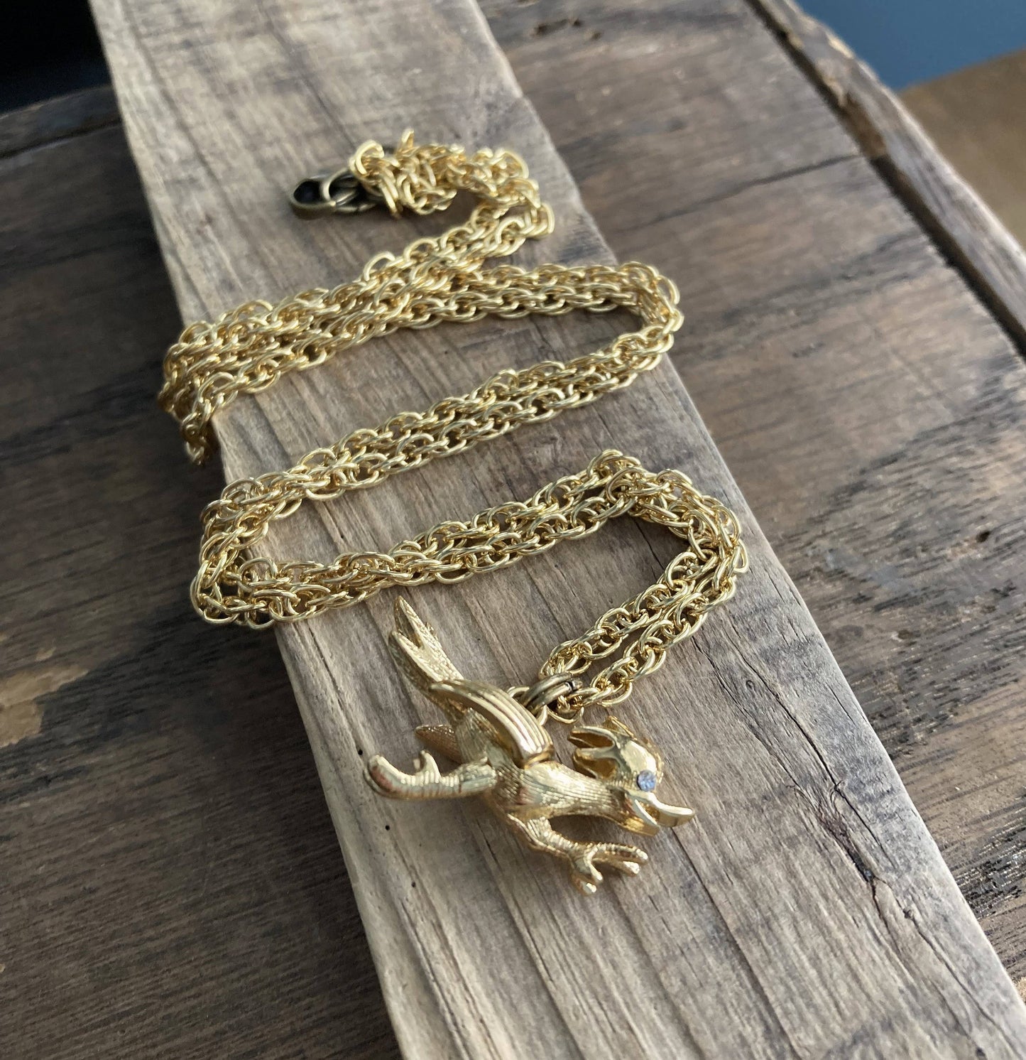 Gold Plate & Rhinestone Roadrunner Charm Pendant Necklace