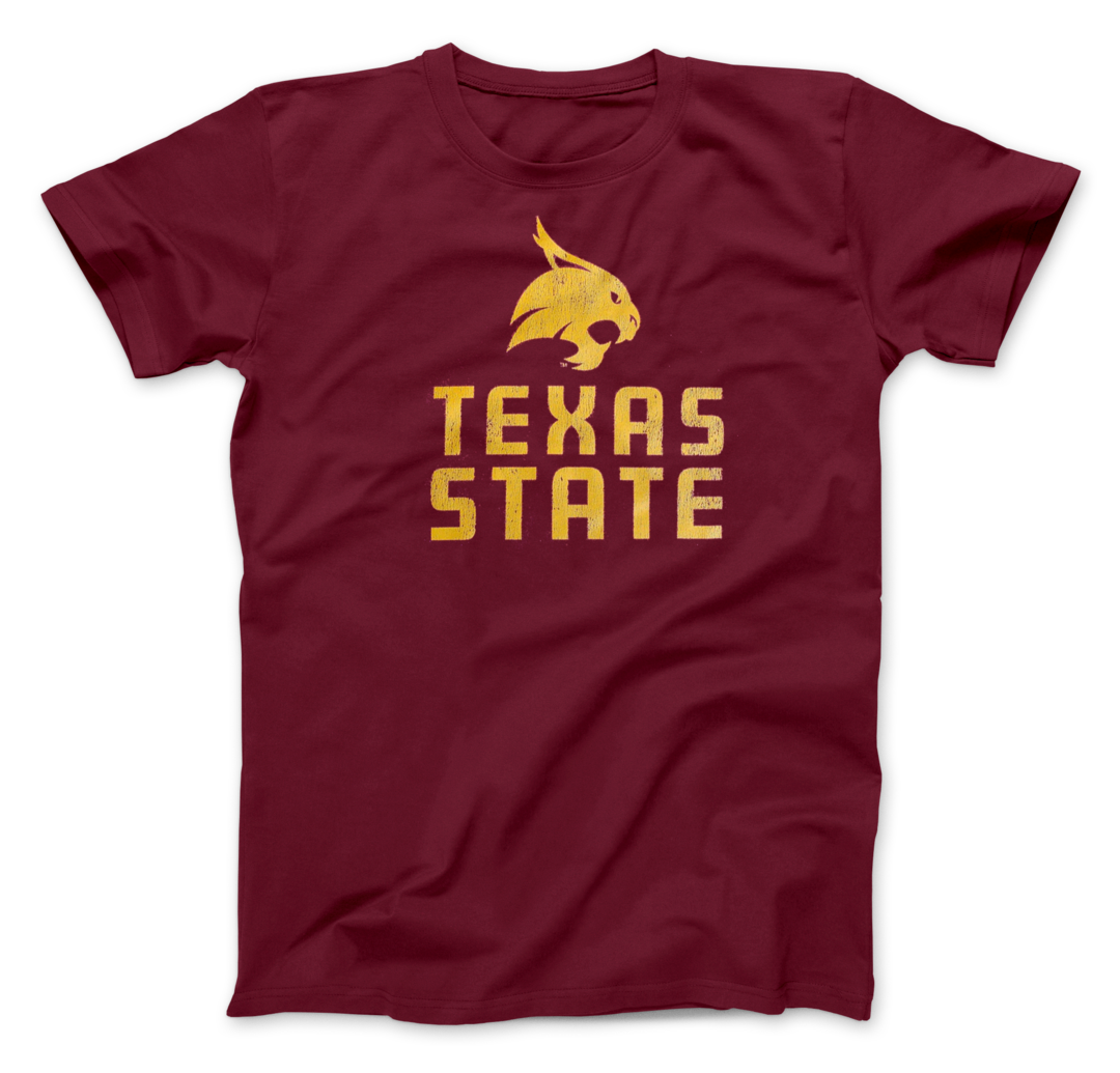 Texas State Univeristy Stacked Logo T-shirt (Gold on Maroon)