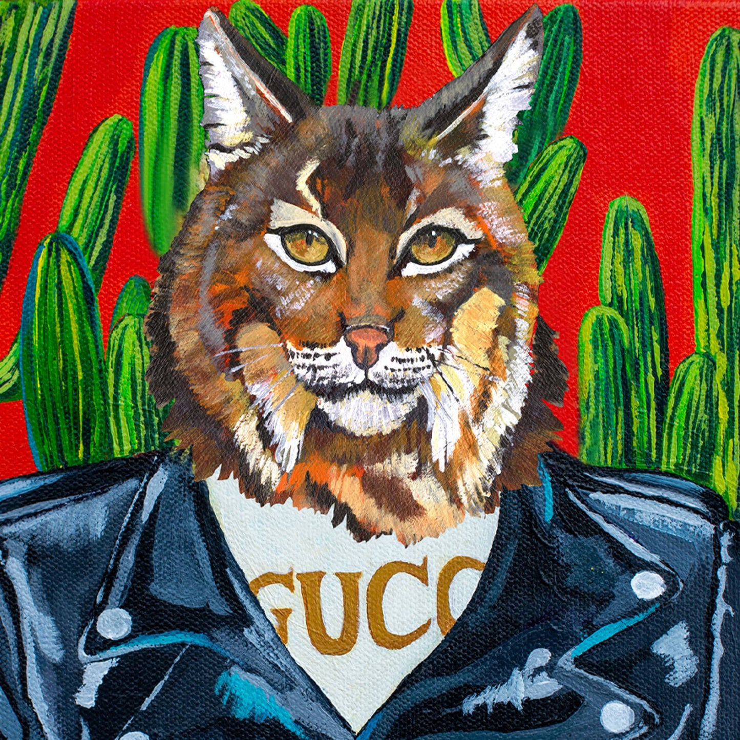 8 x 10 Desert Bobcat in stylish biker jacket Art