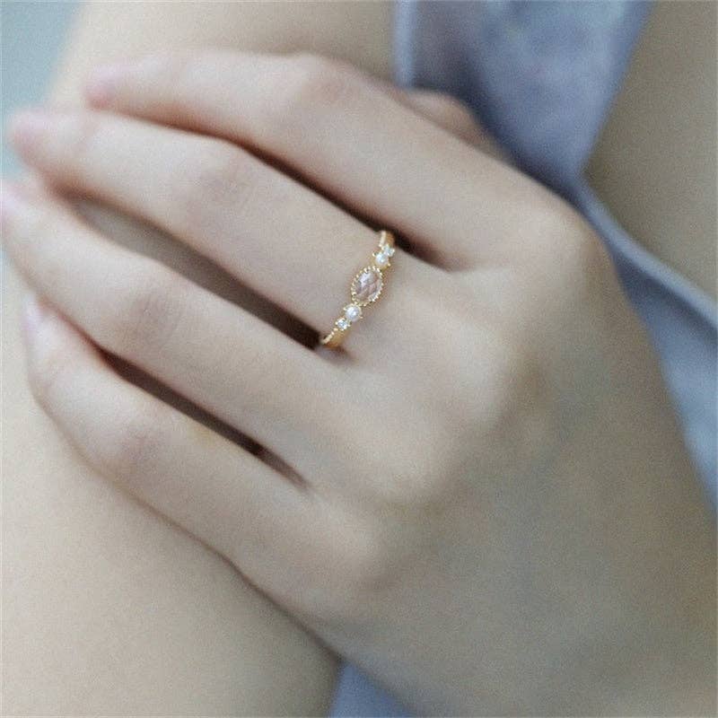 Dainty Gold Crystal Pearl Stacking Band Ring in Solid Copper